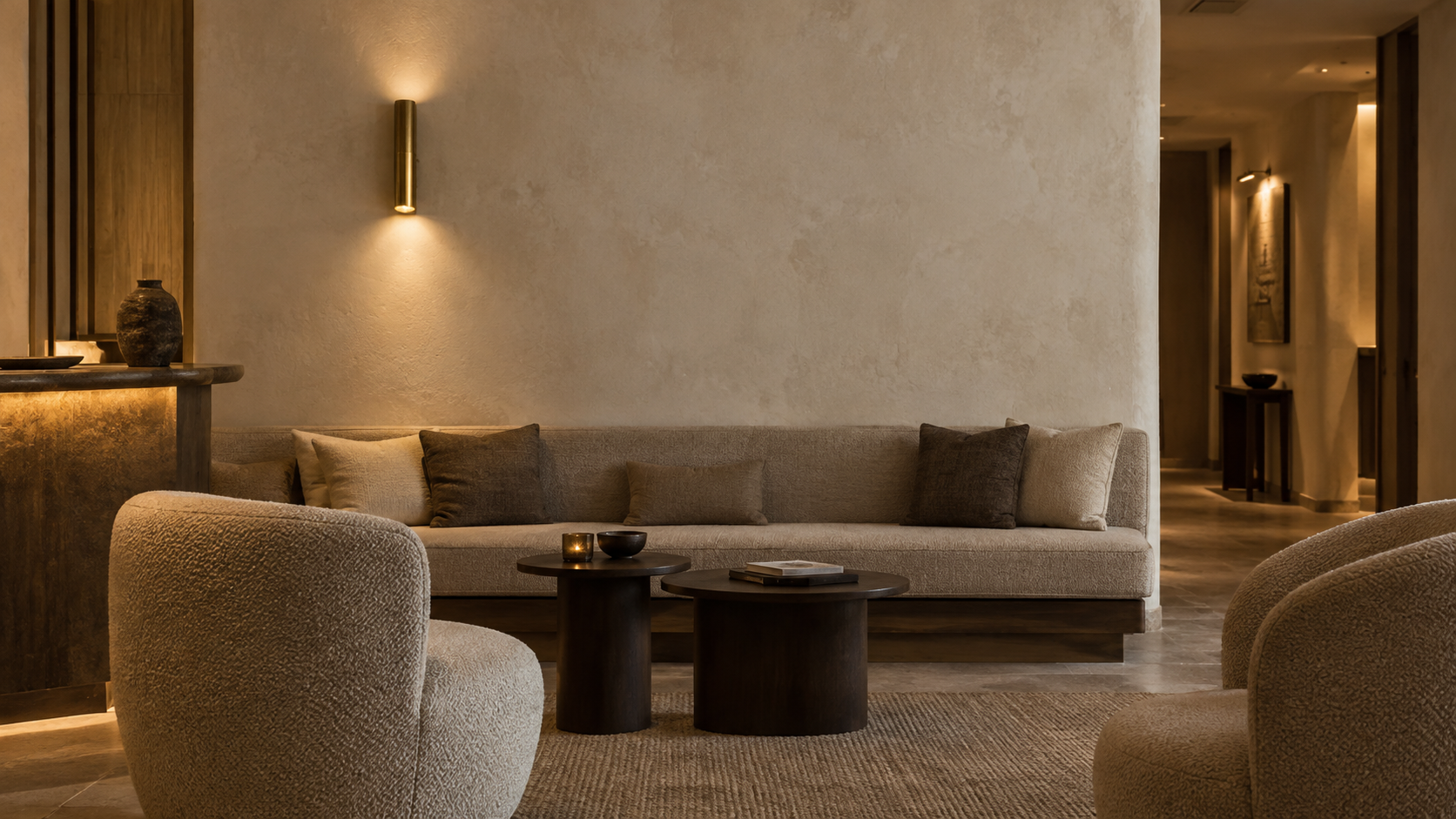 Salon d’hôtel conceptuel aux tons minéraux, visuel d’ambiance non contractuel